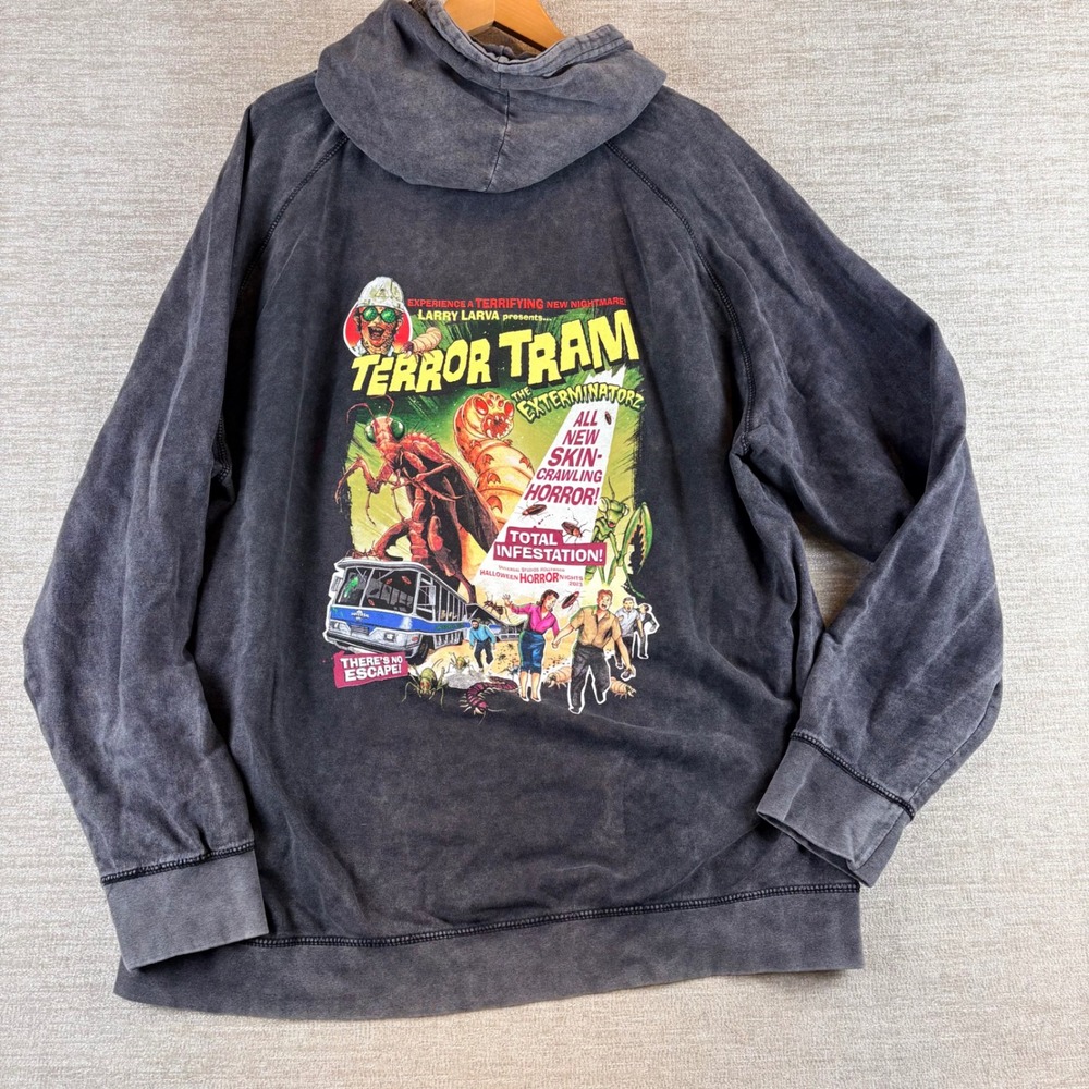 Lane Seven Halloween Horror Nights Terror Tram Hoodie Mens 3XL Black Gray EUC